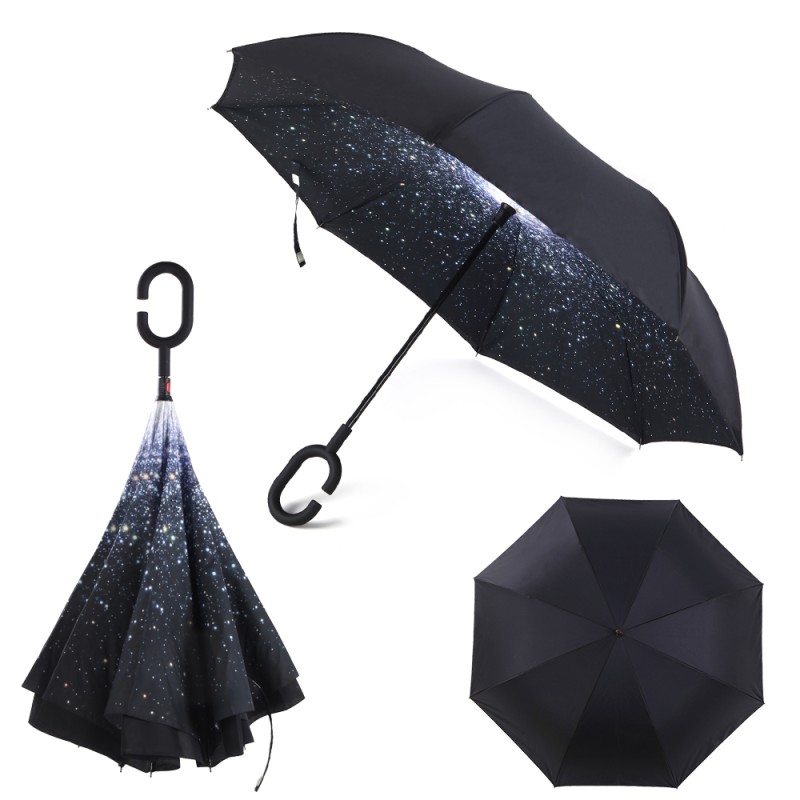 Windproof Inverted Umbrella for Cars Reverse Open Double Layer with UV Protection and C-Shape Sweat-proof Handle - Stars| By HomeyHomes